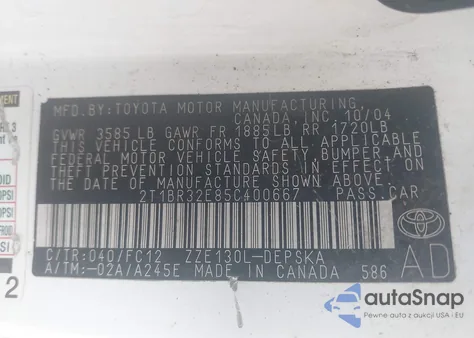 2005 Toyota Corolla S из США, поврежденный, VIN 2T1BR32E85C400667